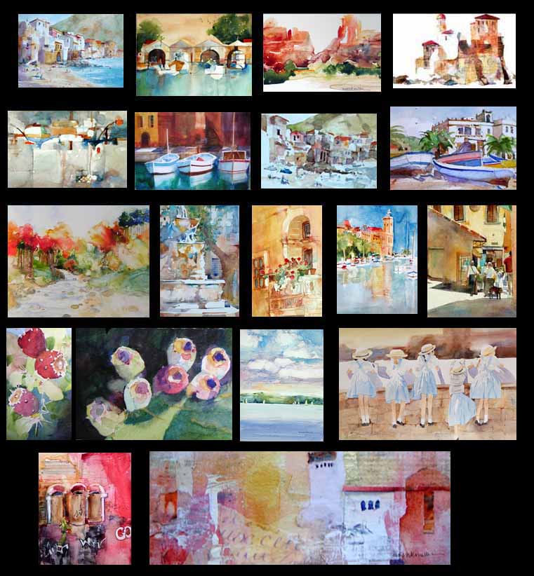 Thumbnails of Susan K. Miller watercolors and collages. Click images for larger view of images from Italy, France, Malta, Japan and Washington State.